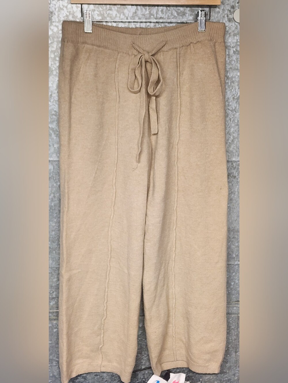 Tan Knitted Wool Drawstring Lounge Wide Leg Pants Womens XL